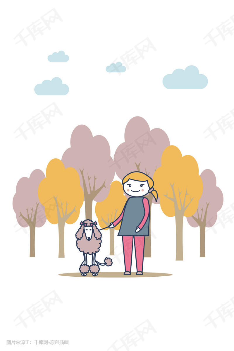 公园遛狗散步场景插画