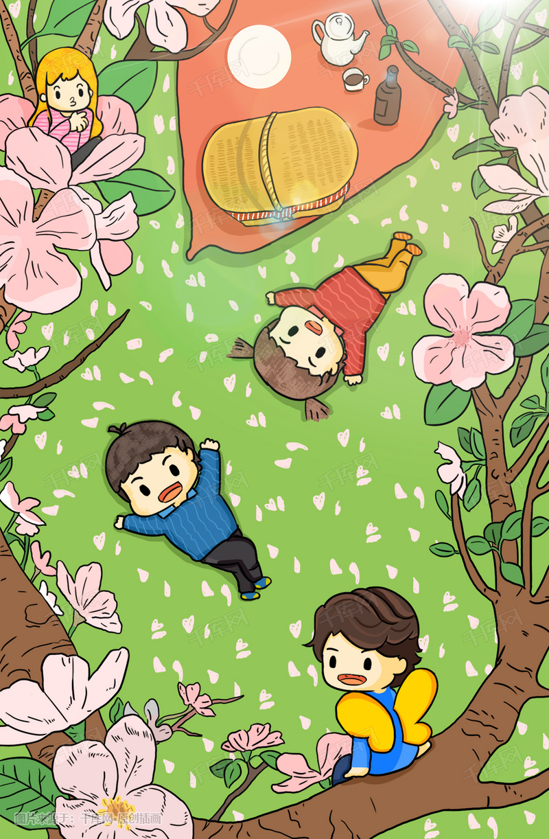 唯美樱花季春天郊游野餐手绘插画图片