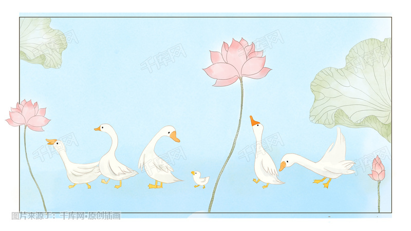 春季夏季荷花鸭子水彩广告背景图插画图片