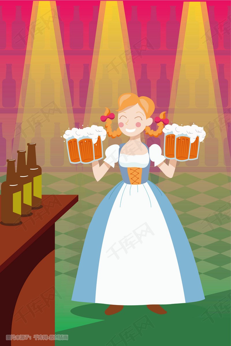 酒吧里端啤酒的女服务员插画图片-千库网