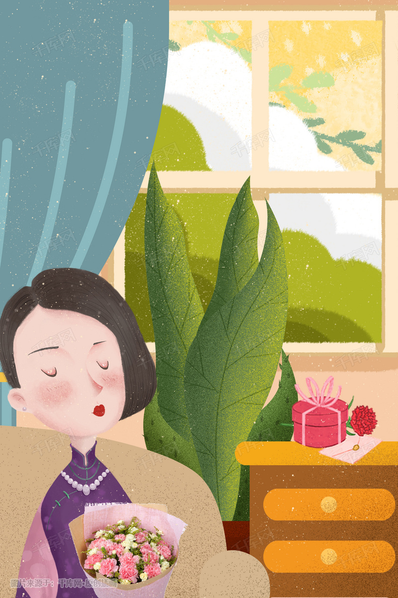 母亲节卡通复古插画文艺广告