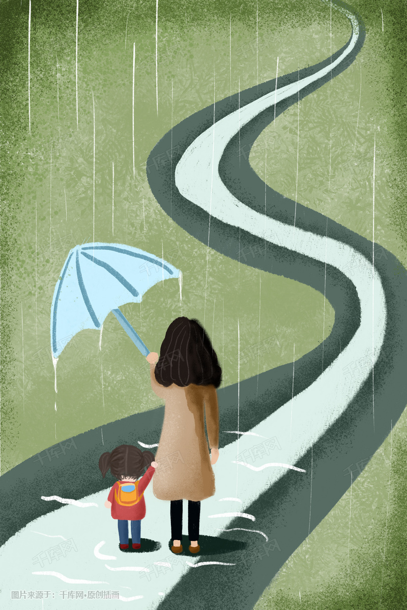 母亲节雨中的母女背景图插画图片-千库网