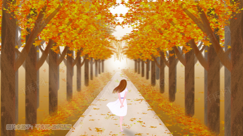 秋天枫树林手绘美女背影