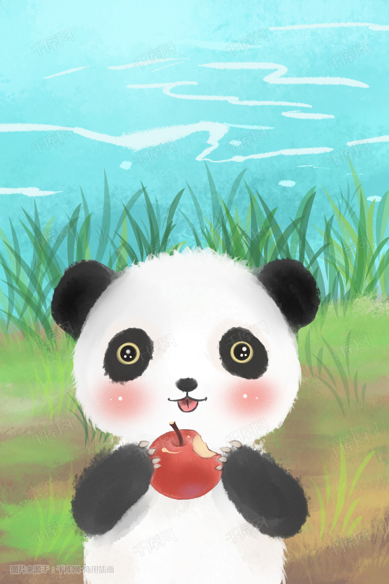 可爱动物熊猫吃苹果手绘小清新