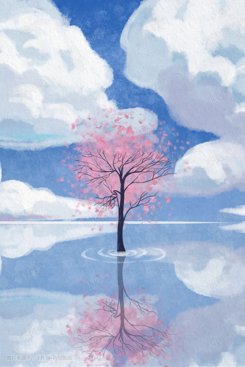天空樱花树手绘插画图片