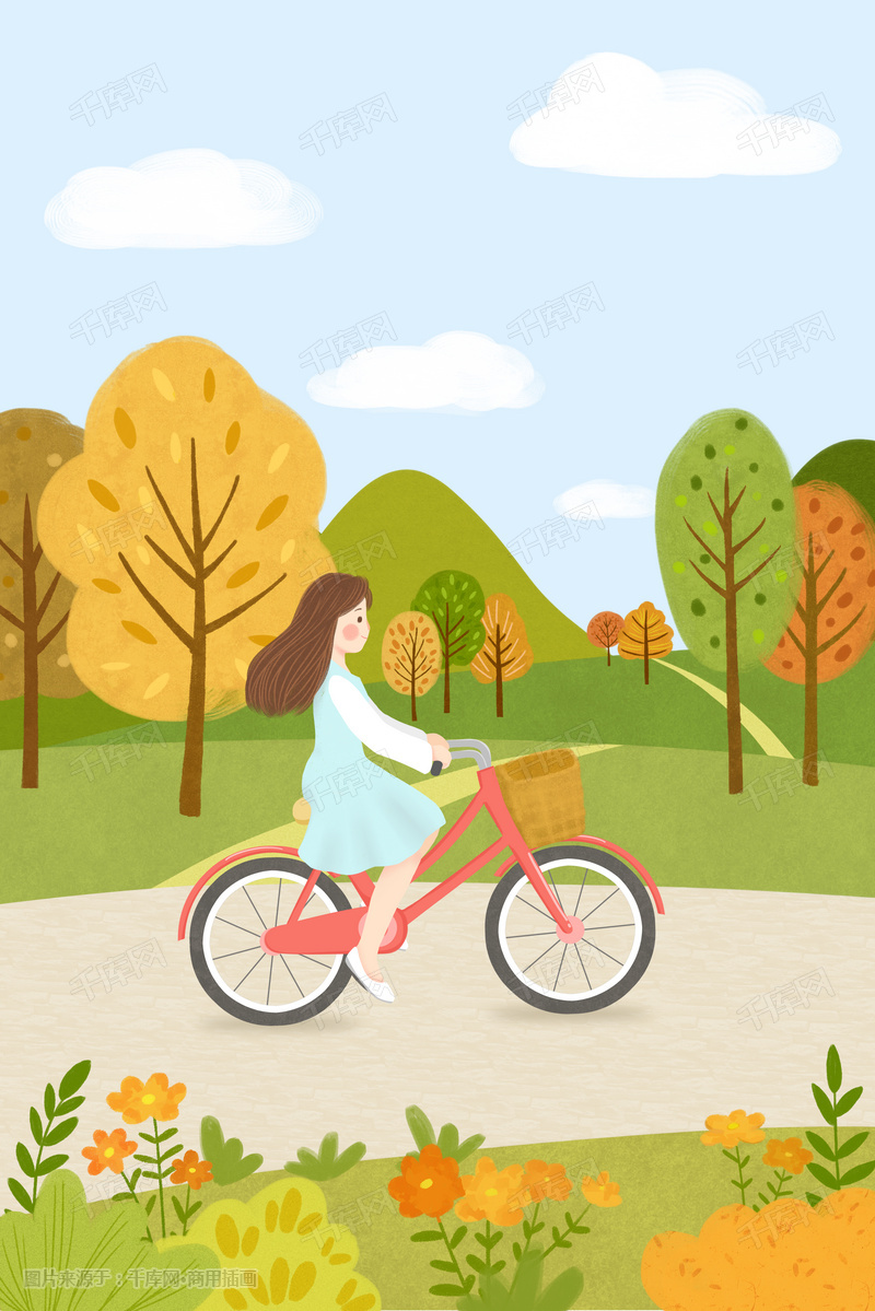 秋季  骑车  低碳生活  郊游  户外  公园  女孩  树  植物  环保出行