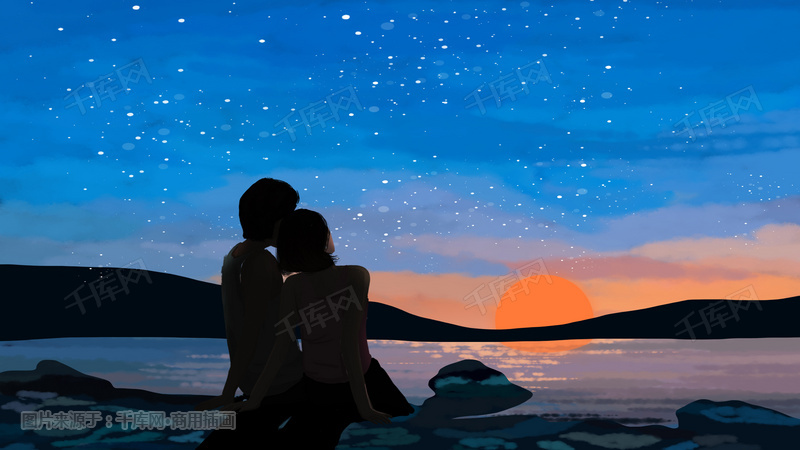 海边黄昏星空下的情侣
