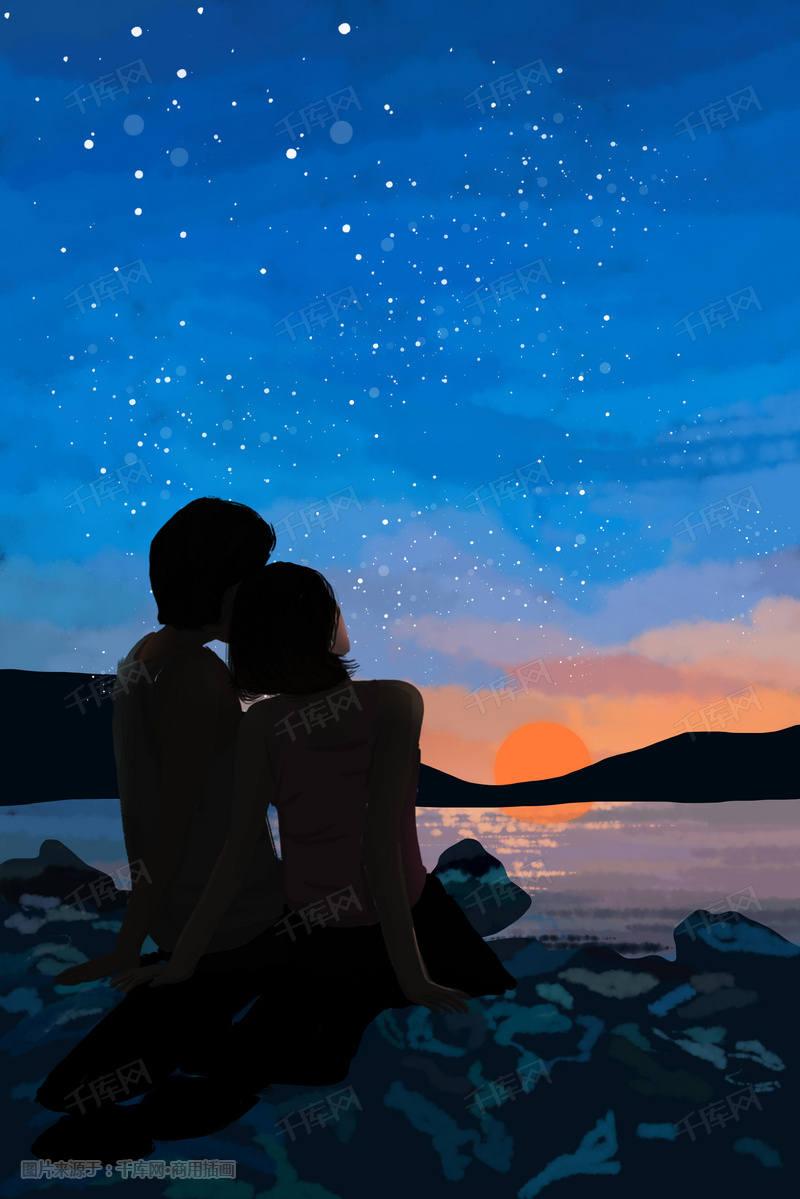 海边黄昏星空下的情侣