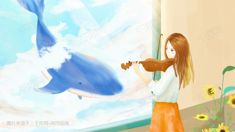 聆听拉小提琴的女孩插画图片_千库网(插画id:13571)
