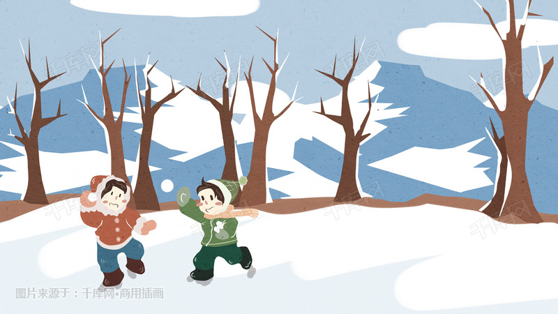 立冬手绘雪景之打雪仗简约清新插画