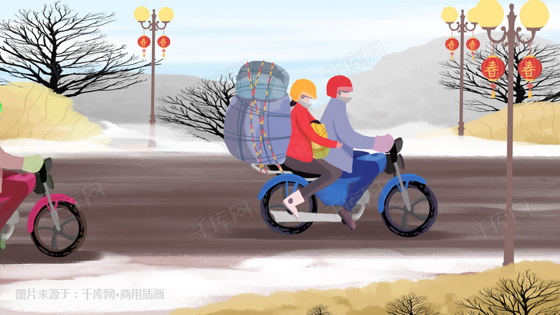 2018猪年新春快乐骑摩托车回家的人插画图片