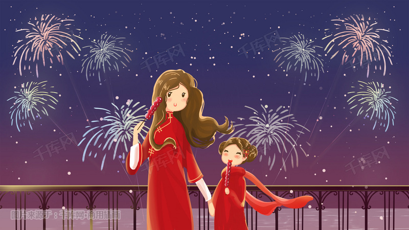 母女吃糖葫芦2019新年红色唯美卡通插画图片