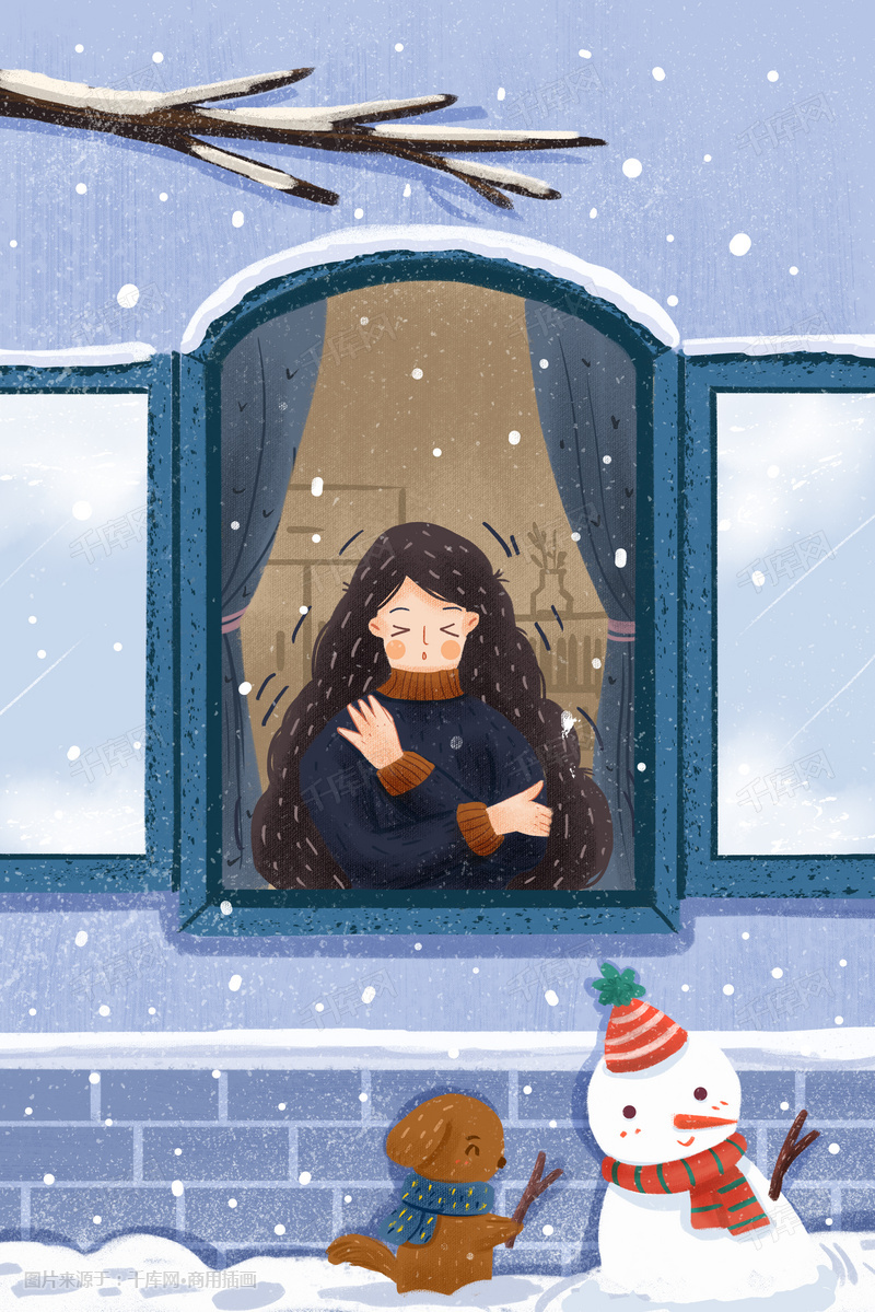 大雪主题之女孩打开窗户好冷手绘