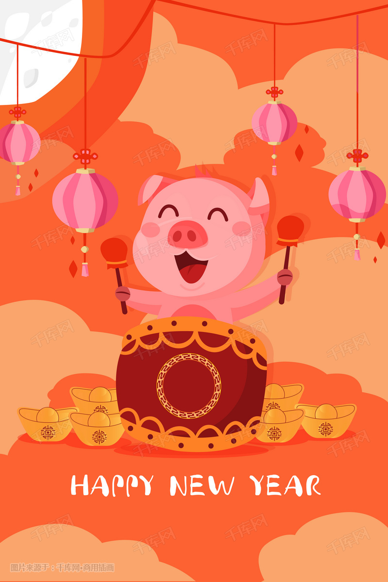 卡通2019猪年新年快乐元旦中国风插画图片