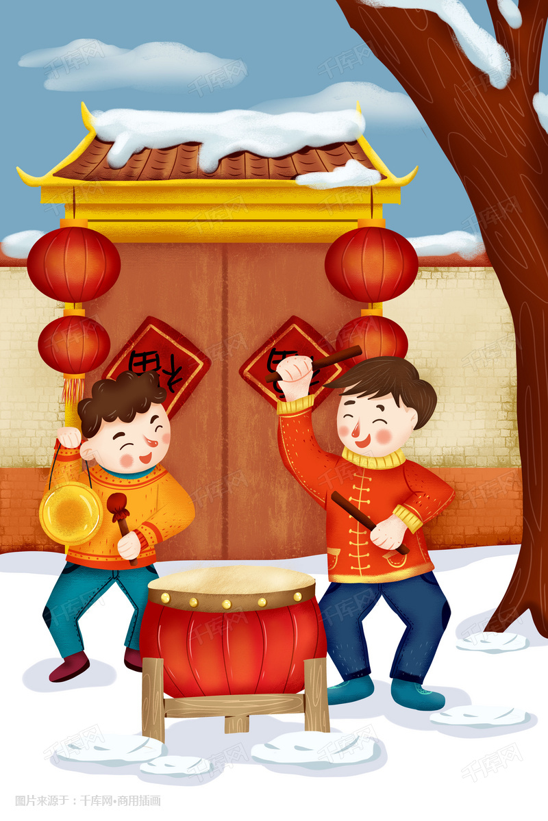 卡通可爱男孩敲锣打鼓过新年春节灯笼插画