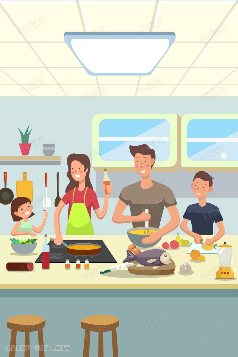 在厨房一起做饭的温馨一家人