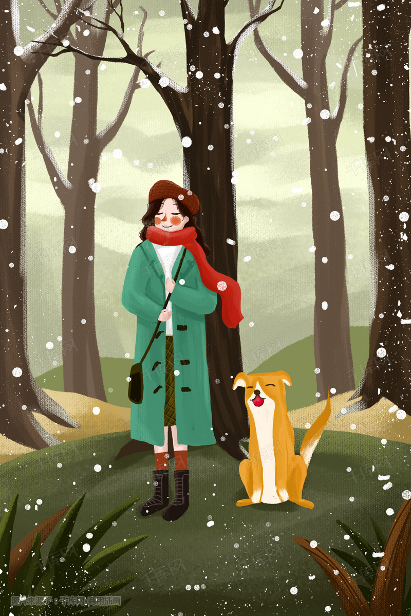冬天下雪女孩遛狗赏雪
