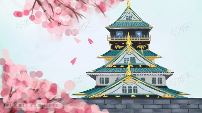 日本大阪城建筑手绘插画