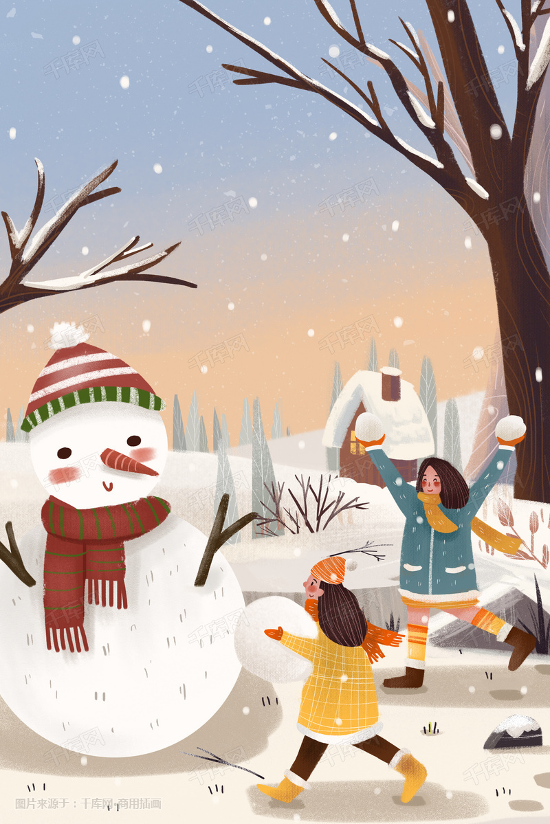 冬天景色堆雪人玩雪球手绘竖图