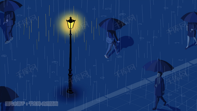 下雨夜晚路灯下的人