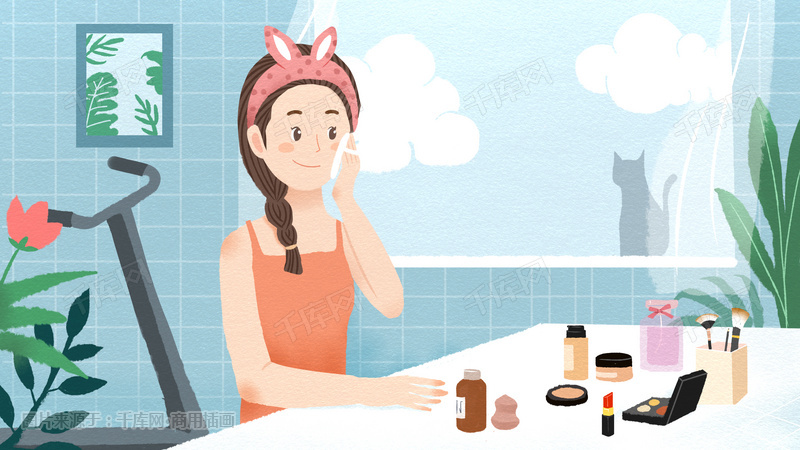 女神节妇女节化妆女孩扁平清新插画图片