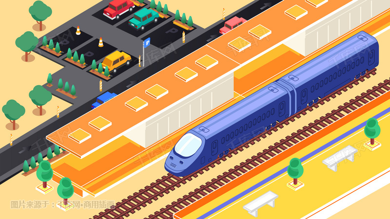 卡通2.5D高铁动车站台停车城市建筑插画图片