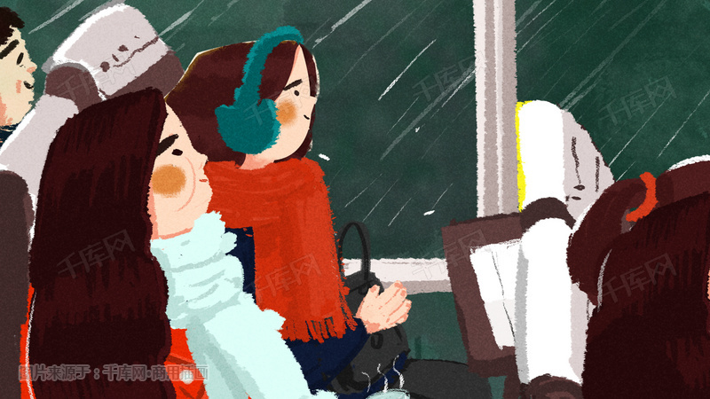 过年回家交通场景火车人物清新手绘插画图片