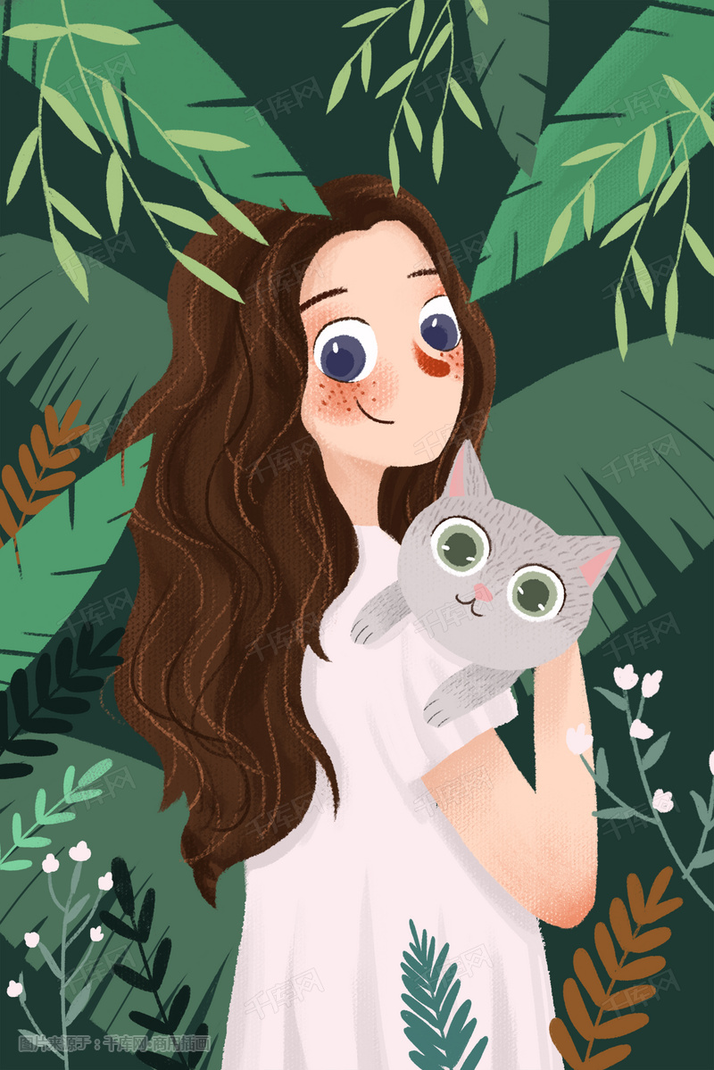 春天女孩森系插画猫咪治愈小清新