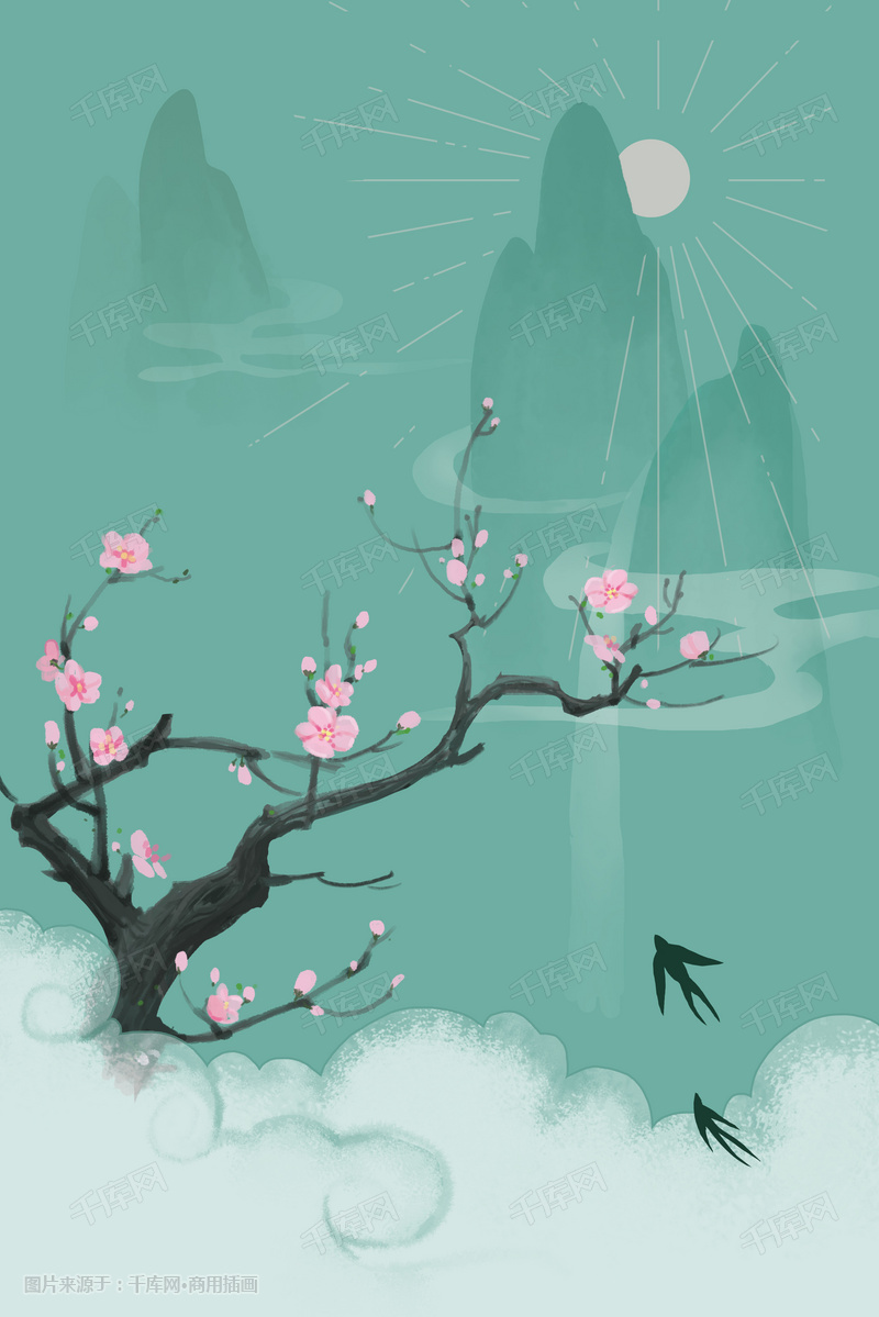 你好二月春季古风水墨手绘风景插画图片