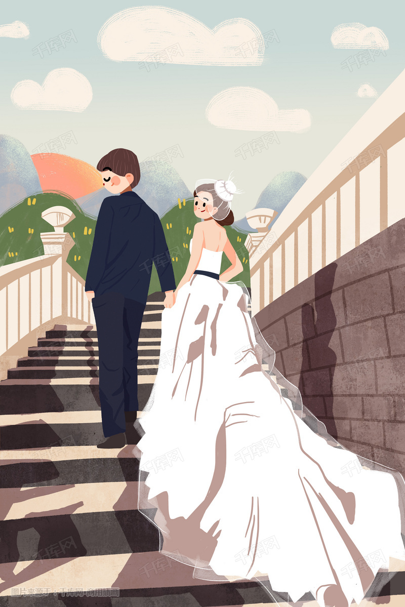 情人节情侣结婚婚纱照风景卡通人物插画图片