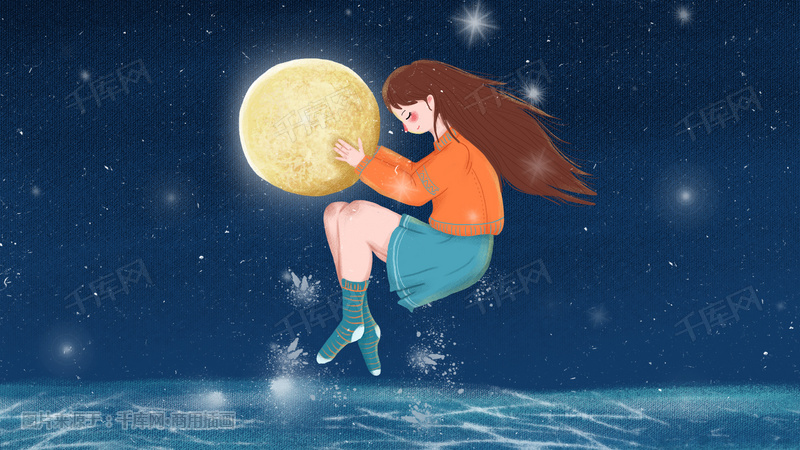 卡通可爱女孩与星球治愈系插画