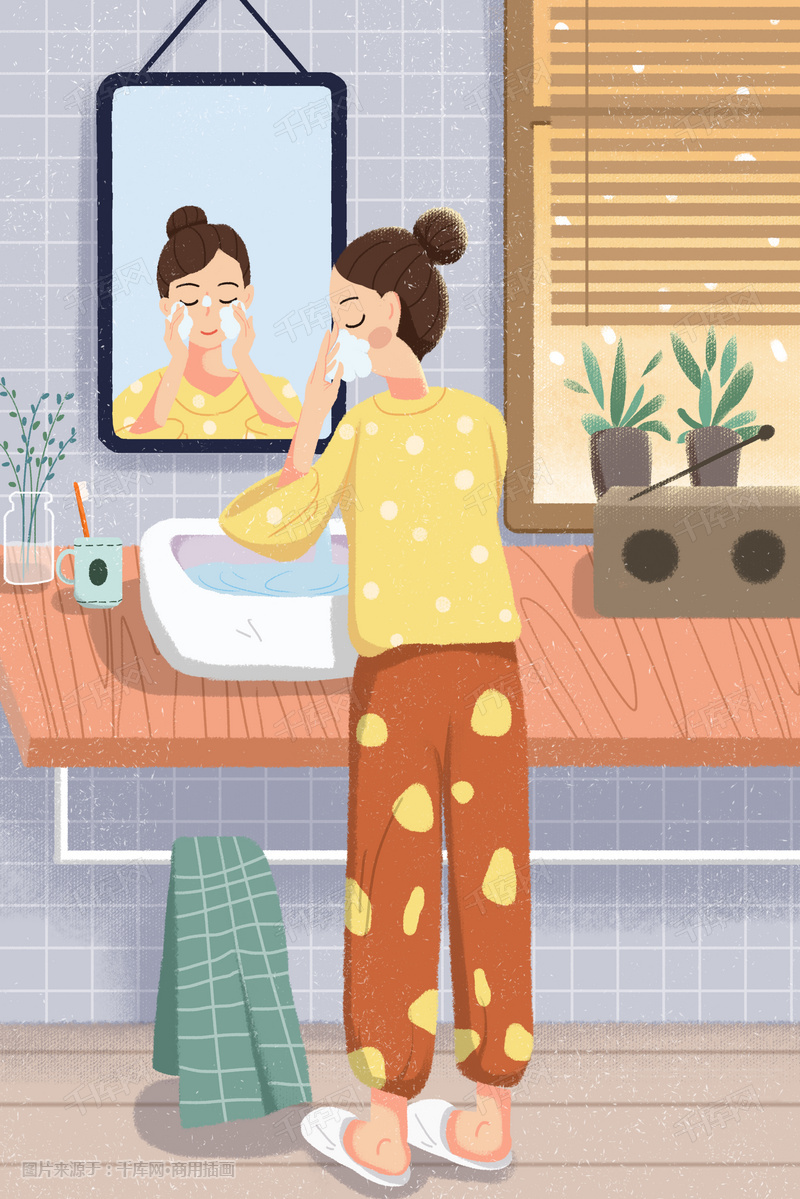 早安少女生活方式梳妆台洗脸卡通插画