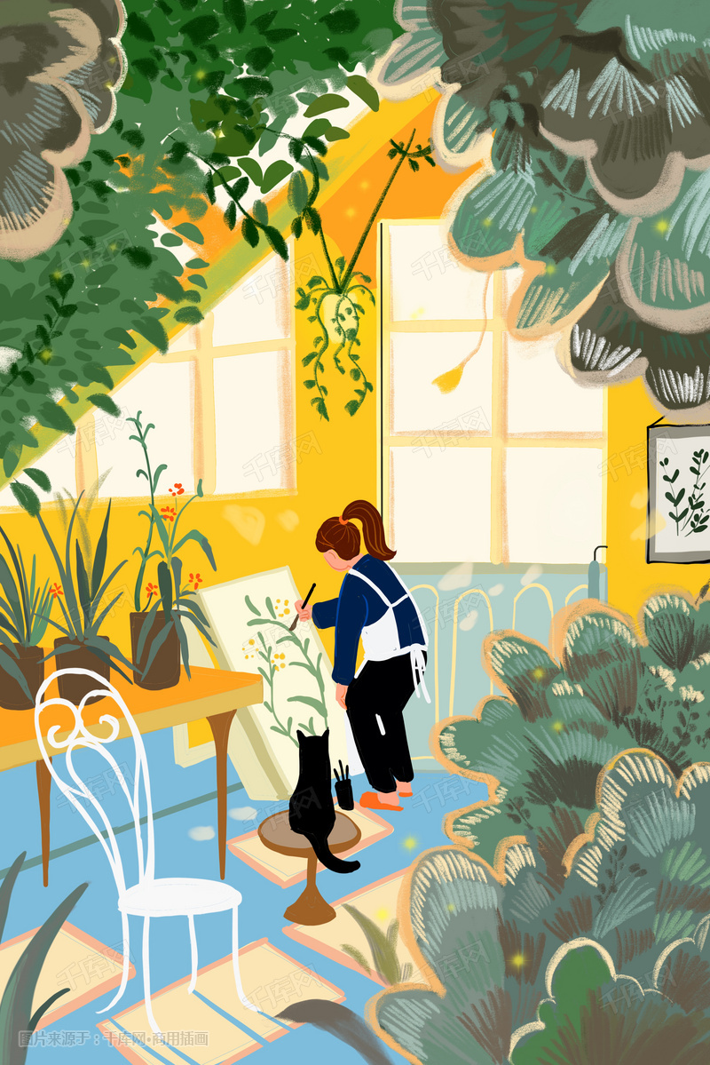 春季植物花房画画女孩插画图片_千库网(插画id:26106)