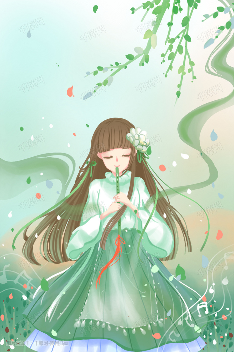 唯美卡通治愈绿色春季清明节少女吹箫插画图片_千库网