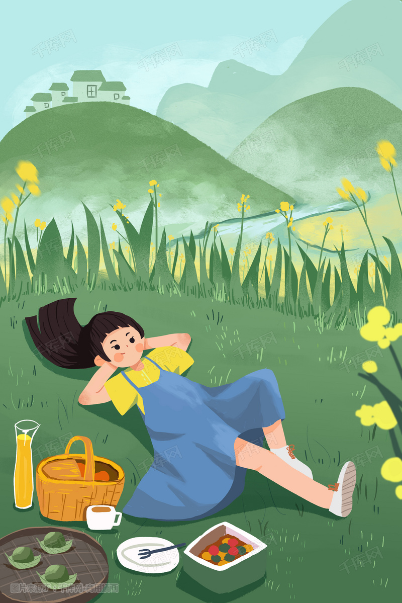 清明节踏青春游郊游风景少女卡通插画