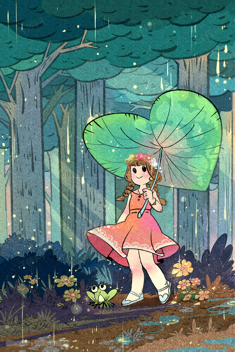 创意小清新少女自然插画