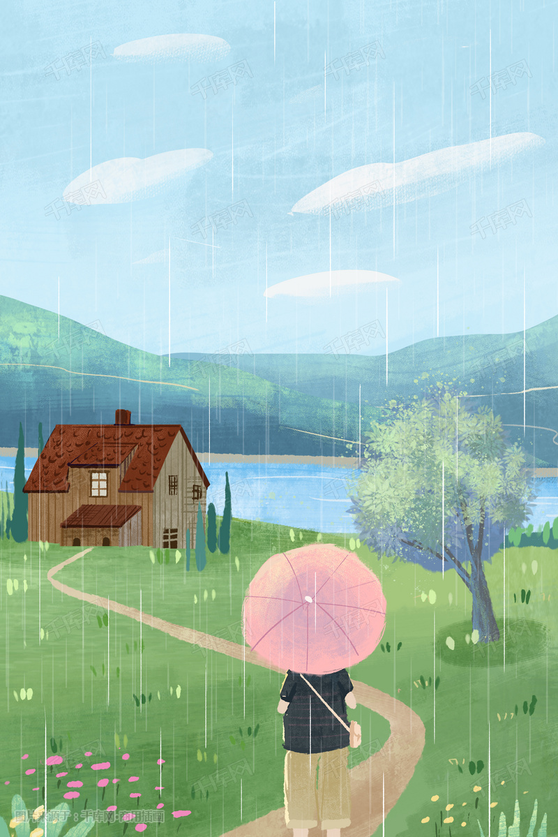 春季雨水风景人物小清新风格竖图插画图片-千库网