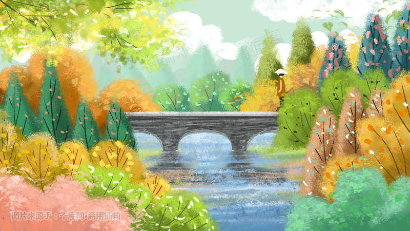 多彩春天风景背景插画图片_千库网(插画id:28884)