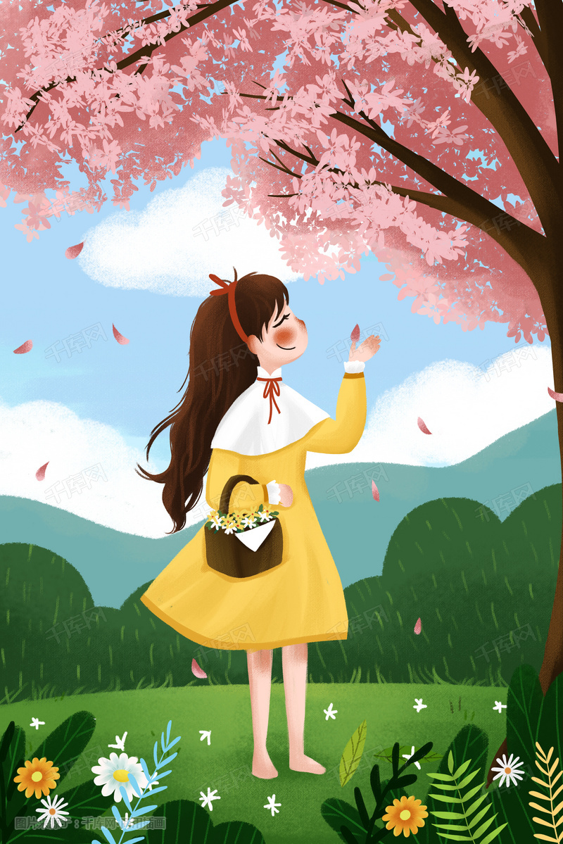 春天春季女孩采花立春樱花花海清新24节气插