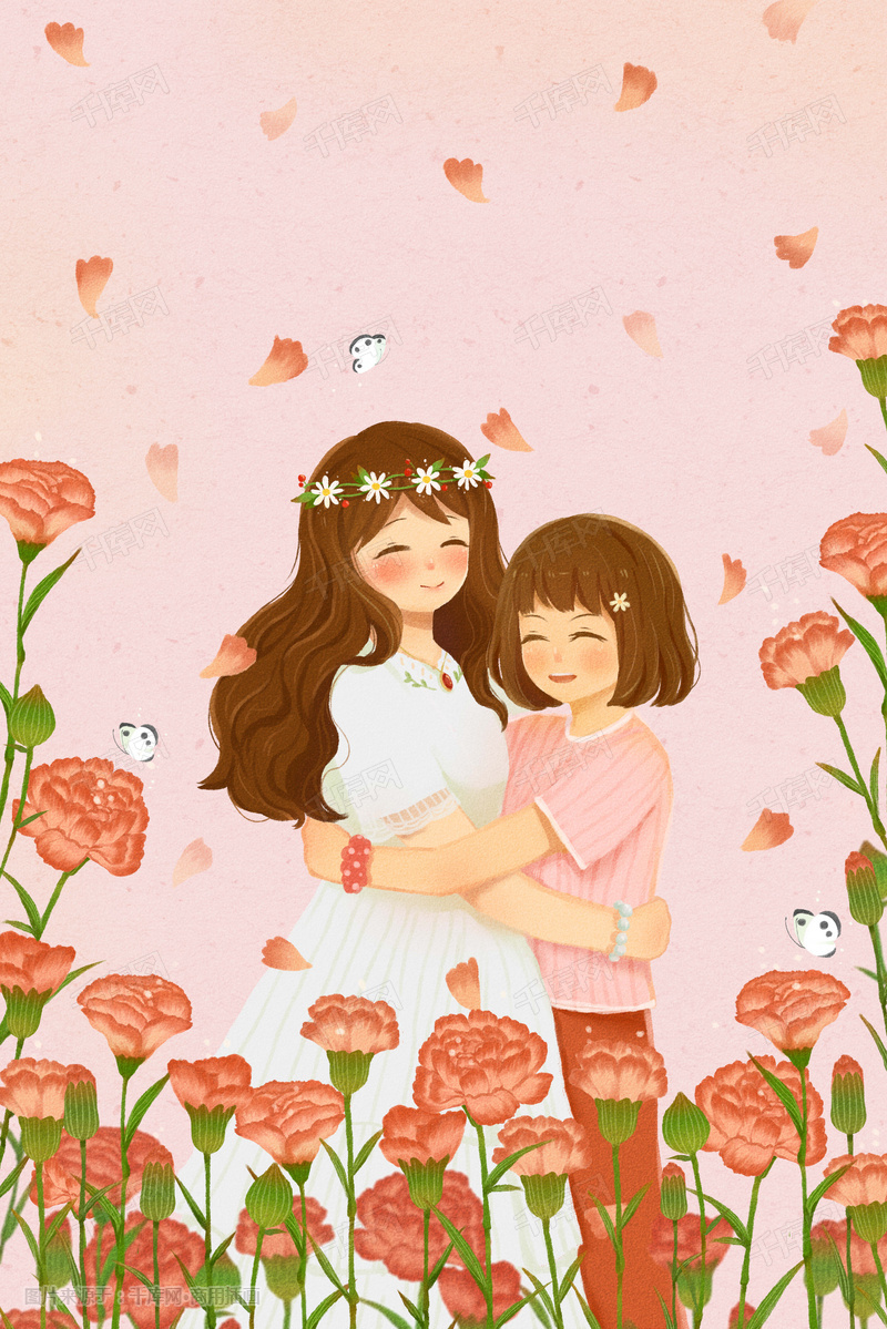 粉色母亲节母女亲子拥抱康乃馨花环温馨配图