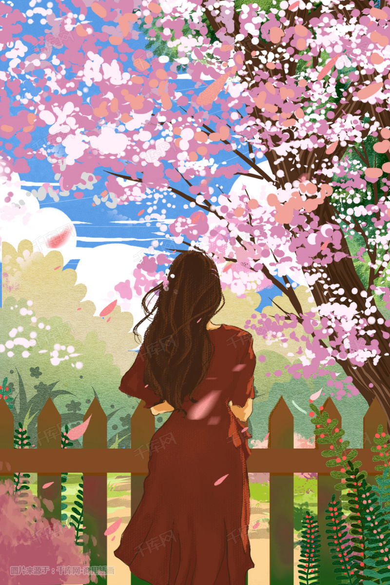 夏至春天樱花女孩唯美踏青旅游漫画风粉色系