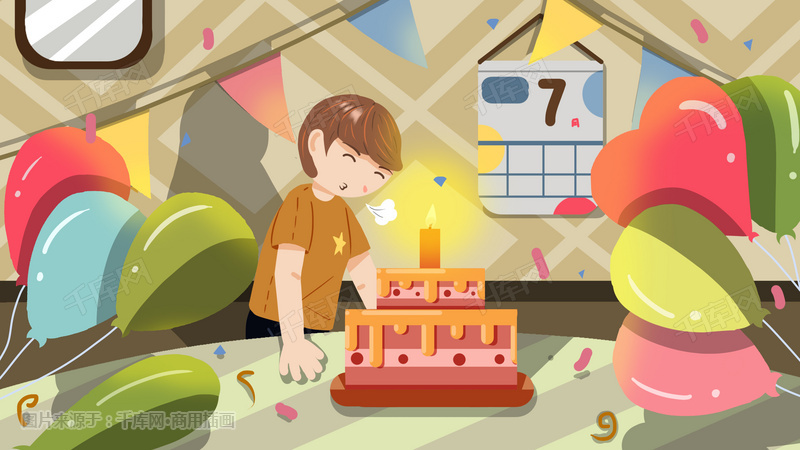 生日派对生日蛋糕过生日男孩卡通小清新插画
