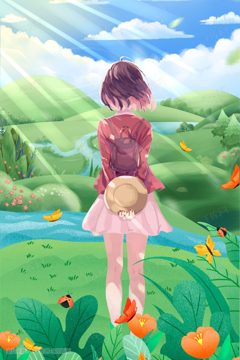 唯美卡通小清新女孩踏青插画