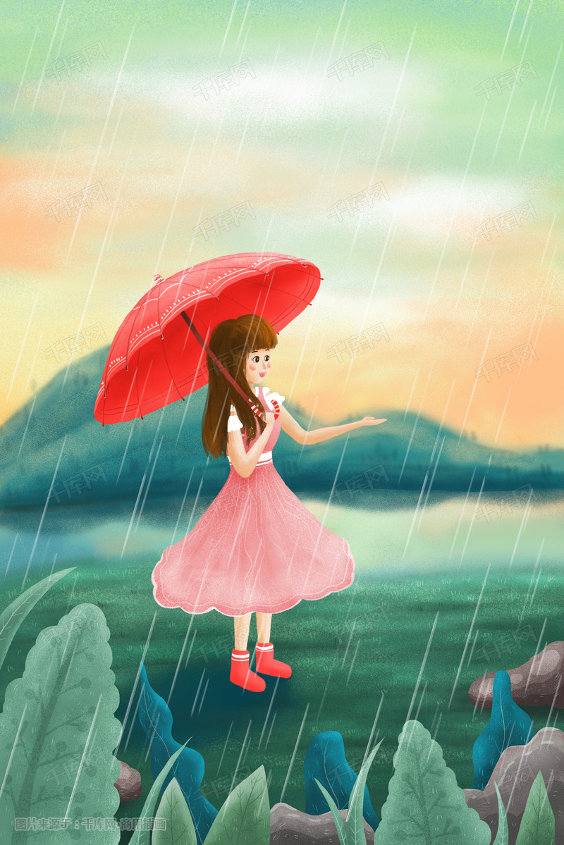 24节气清明节雨天撑伞的女孩