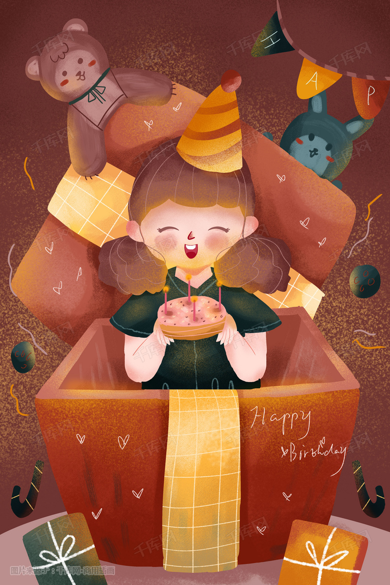 棕色系卡通可爱生日快乐女孩捧着蛋糕配图