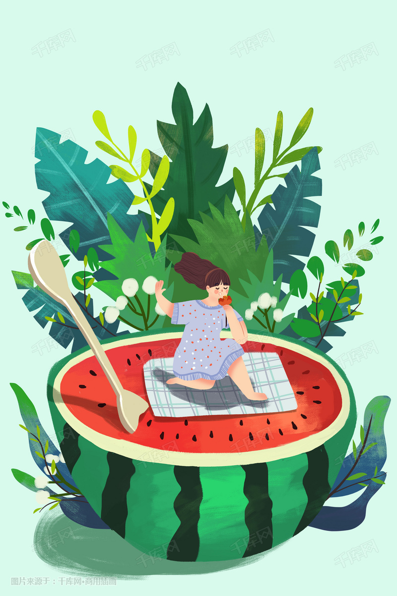 24节气立夏夏天夏季少女西瓜植物卡通插画