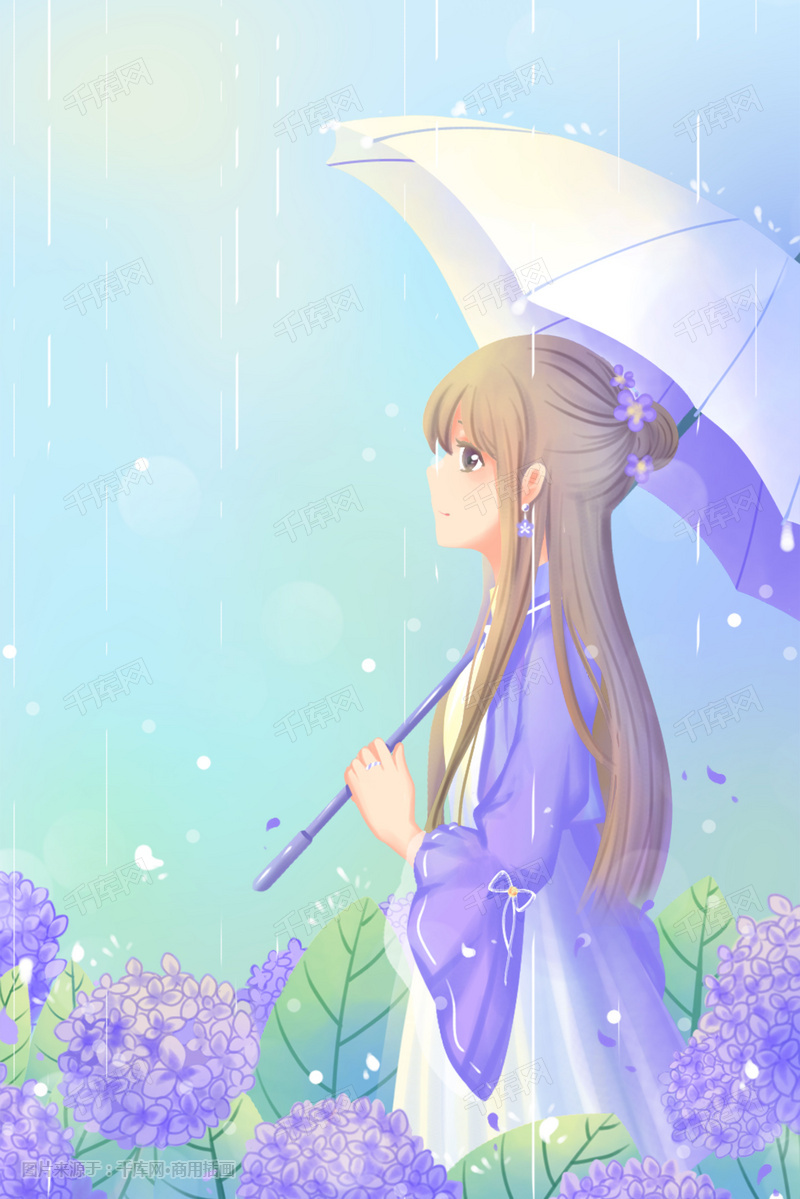 蓝色紫色唯美卡通春季小清新春雨清明雨配图