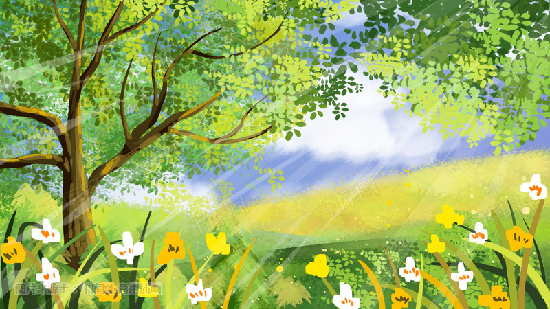 春天风景背景手绘插画图片_千库网(插画id:33018)