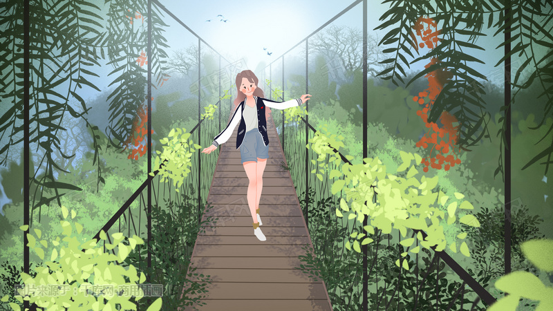 夏天旅游游玩桥索插画图片_千库网(插画id:32772)