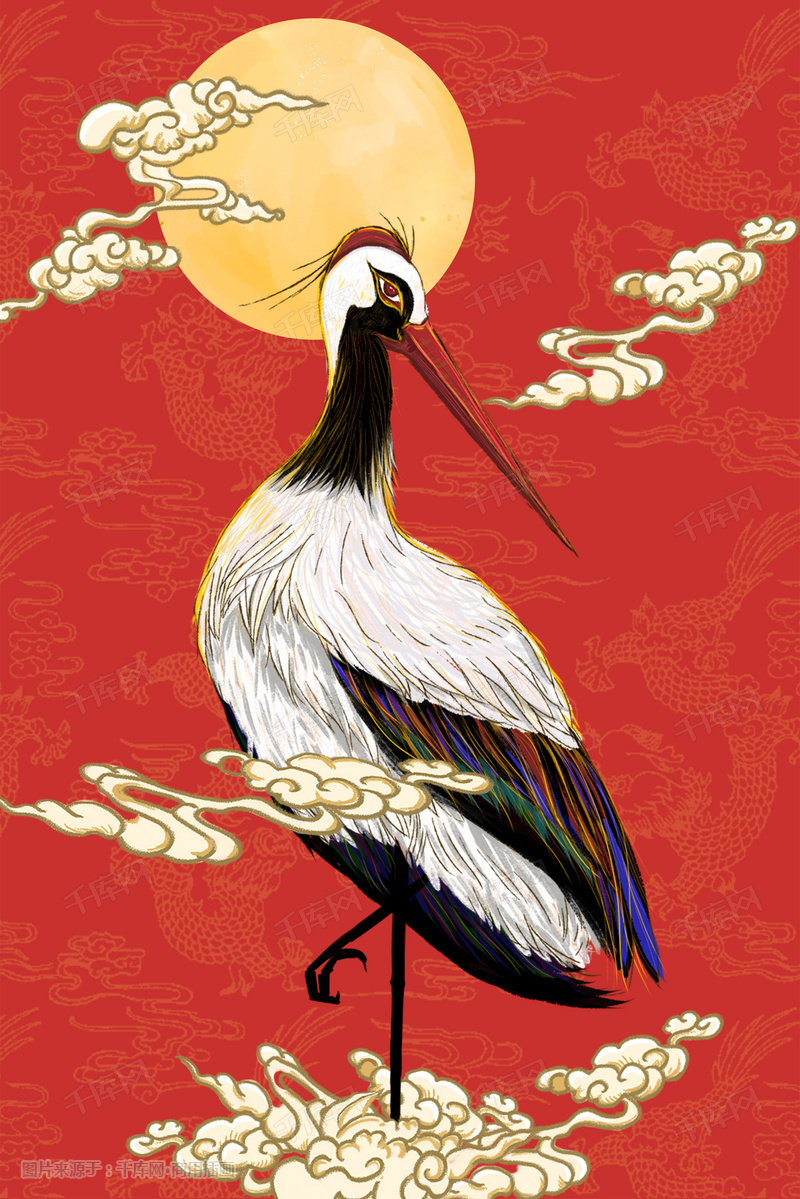 新式中国风手绘仙鹤祥云插画图片_千库网(插画id:334